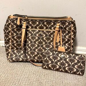 Coach Brown and Tan Signature Shoulder Bag and matching wallet